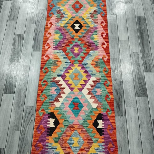 Kleurrijk loper, handgemaakt ambachtelijk Afghaans Turks, Scandinavisch, navajo, boho, wollen platgeweven veelkleurige kelimloper 206 x 65 CM