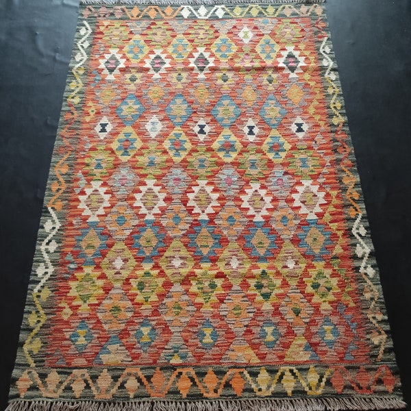 Kilim Rug Classic, Handmade Artisan Afghan Turkish Aztec Geometric Wool Kilim Rug 188x135 CM