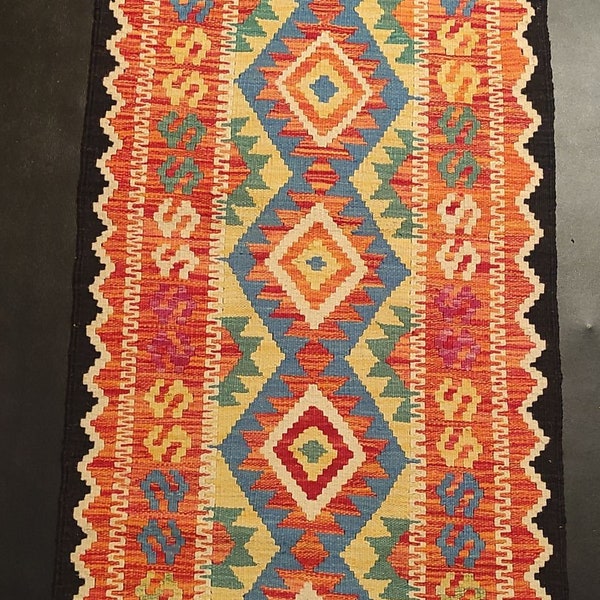 Runner Rug Vintage, Handmade Artisan Afghan Turkish Aztec Reversible Natural Wool Kilim Runner Rug 190x68 CM