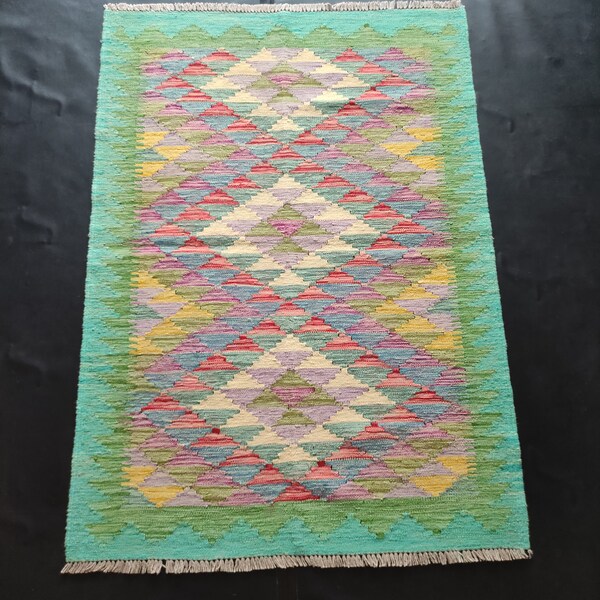 Kilim Rug Multicolour, Handmade Artisan Afghan Turkish Aztec Geometric Wool Kilim Rug 146x104 CM