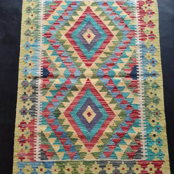 Kilim Rug Multicolour, Handmade Artisan Afghan Turkish Aztec Geometric Wool Kilim Rug 125x86 CM
