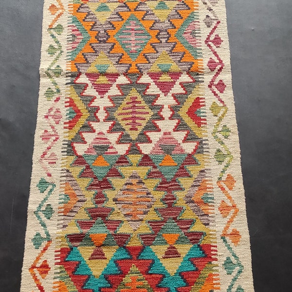 Kilim Runner Tribal, Handmade Artisan Afghan Turkish Aztec Natural Wool Kilim Runner Rug 200x63 CM
