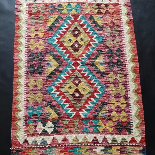 Kilim Rug Multicolour, Handmade Artisan Afghan Turkish Aztec Geometric Wool Kilim Rug 119x80 CM