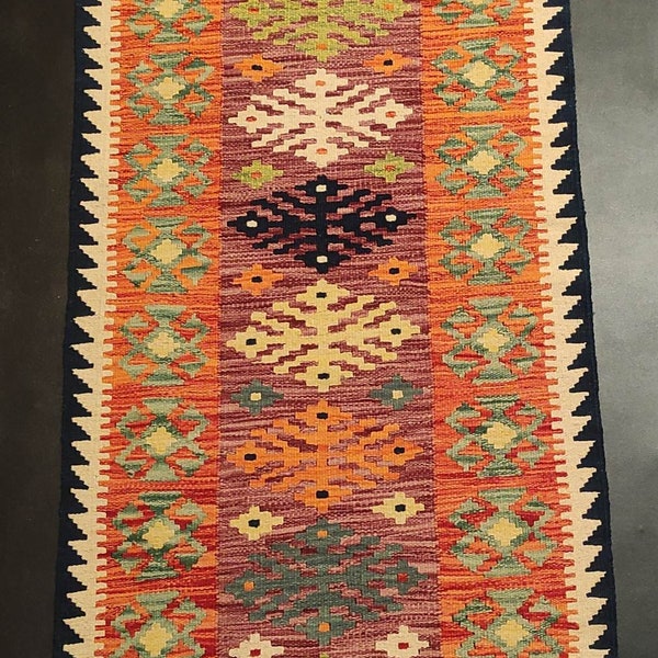 Runner Rug Vintage, Handmade Artisan Afghan Turkish Aztec Reversible Natural Wool Kilim Runner Rug 201x78 CM