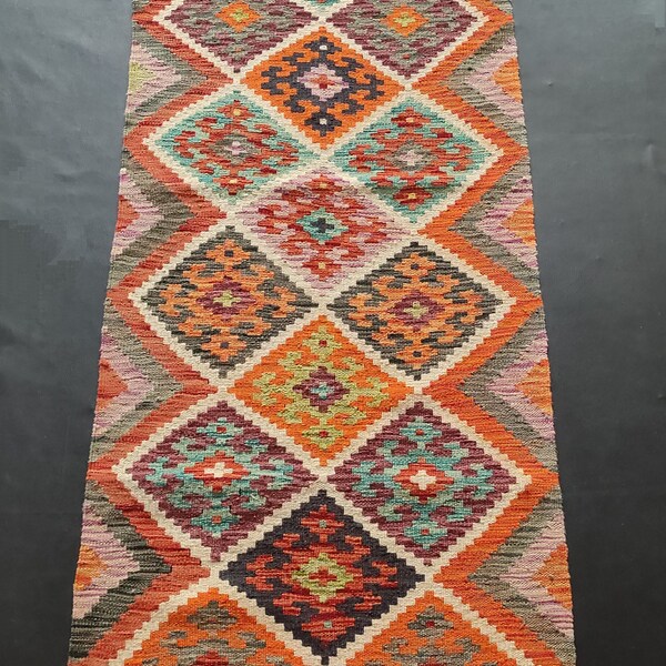 Kilim Runner Tribal, Handmade Artisan Afghan Turkish Aztec Natural Wool Kilim Runner Rug 199x67 CM