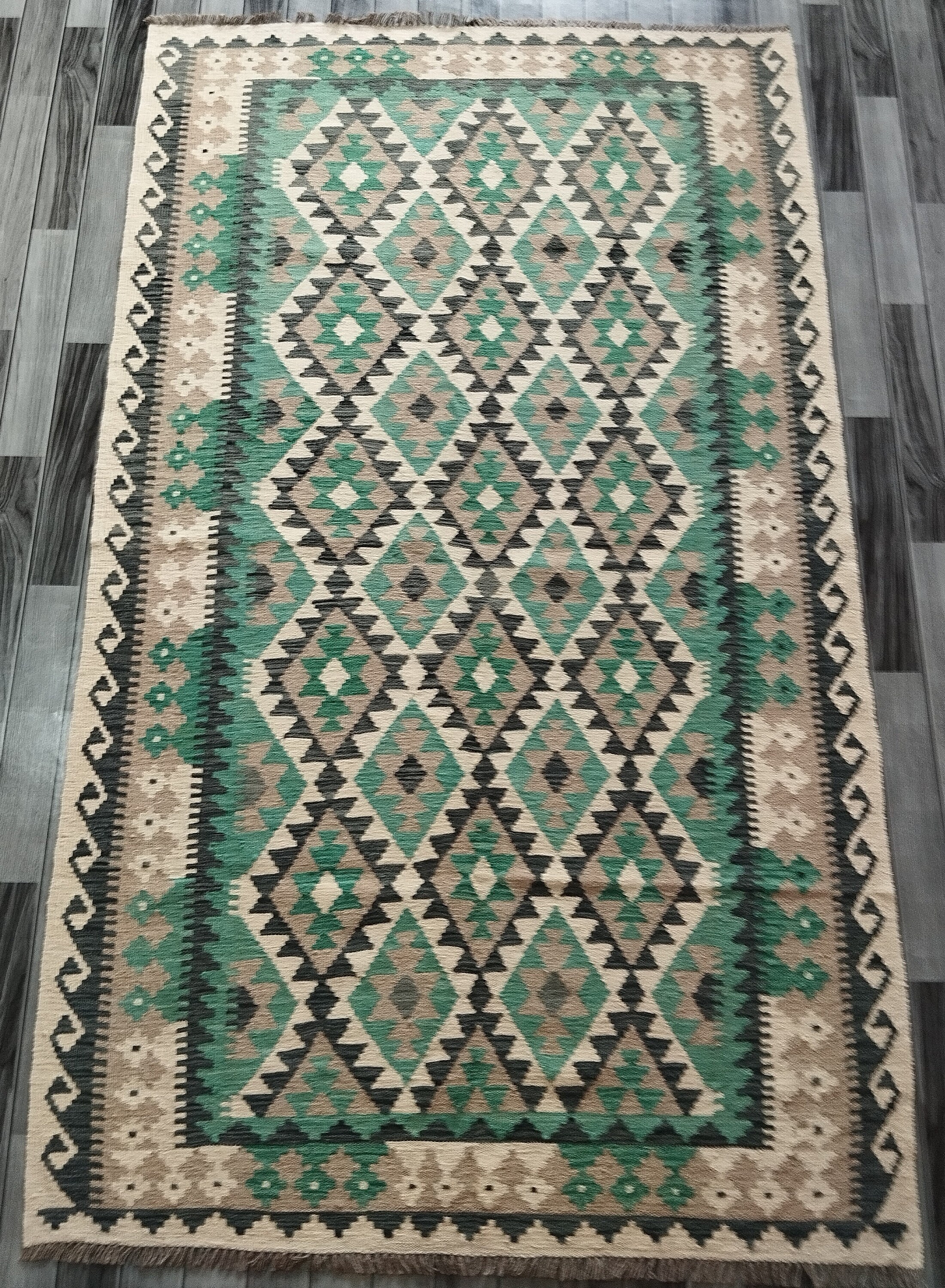 ターコイズ キリム ラグ、手作り職人アフガニスタン トルコ アステカ