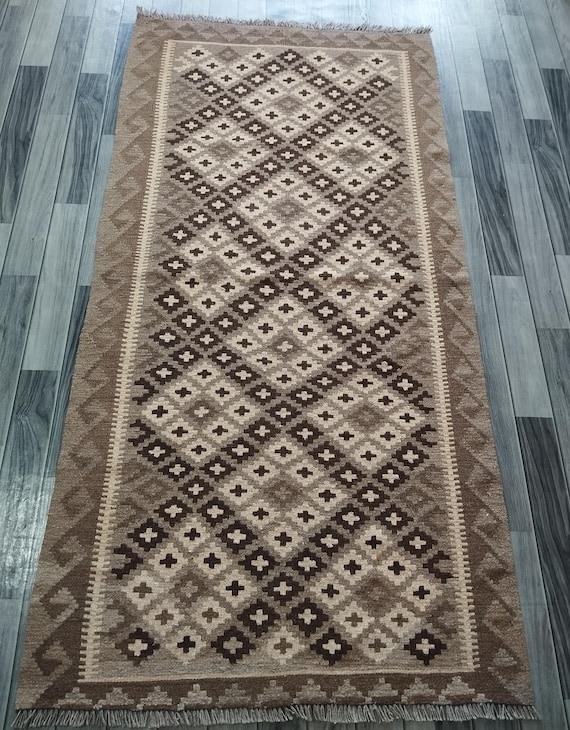 Afghan Kilim Rug, Handmade Artisan Grey Natural Wool Flatweave