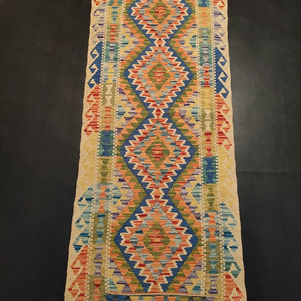 Kilim Runner, Handmade Artisan Afghan Turkish Aztec Reversible Wool Kilim Runner Rug 195x75 CM