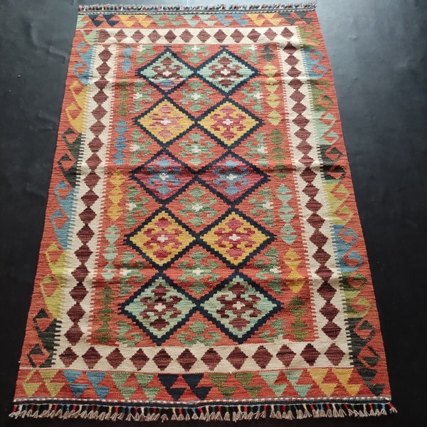 Kilim Rug Tribal, Handmade Artisan Afghan Turkish Aztec Geometric Wool Kilim Rug 183x120 CM