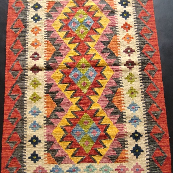 Kilim Rug Multicolour, Handmade Artisan Afghan Turkish Aztec Geometric Wool Kilim Rug 122x79 CM