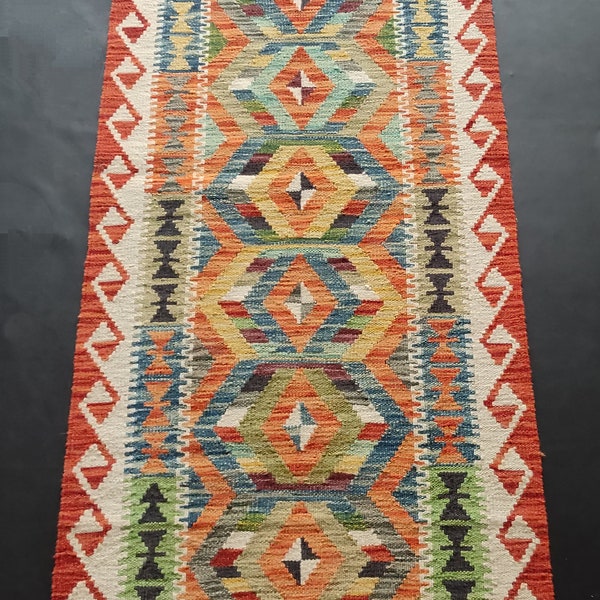 Runner Rug Classic, Handmade Artisan Afghan Turkish Aztec Natural Wool Kilim Runner Rug 202x74 CM