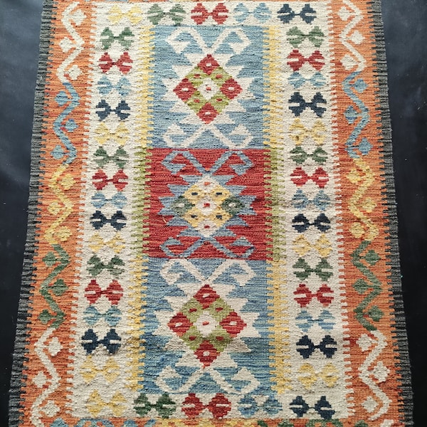 Kilim Rug Classic, Handmade Artisan Afghan Turkish Aztec Geometric Wool Kilim Rug 118x89 CM