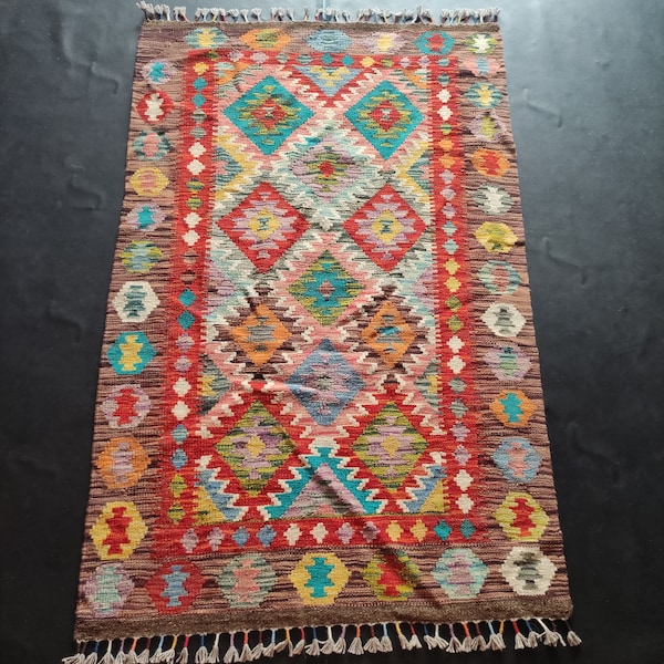 Kilim Rug Heritage, Handmade Artisan Afghan Turkish Aztec Geometric Wool Kilim Rug 163x105 CM