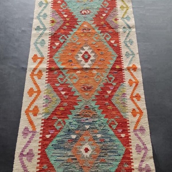 Kilim Runner Multicolour, Handmade Artisan Afghan Turkish Aztec Natural Wool Kilim Runner Rug 297x79 CM