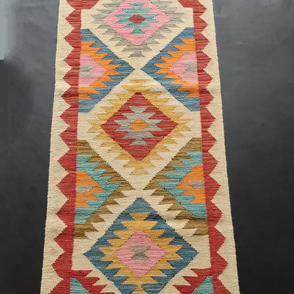 Kilim Runner Multicolour, Handmade Artisan Afghan Turkish Aztec Natural Wool Kilim Runner Rug 199x62 CM