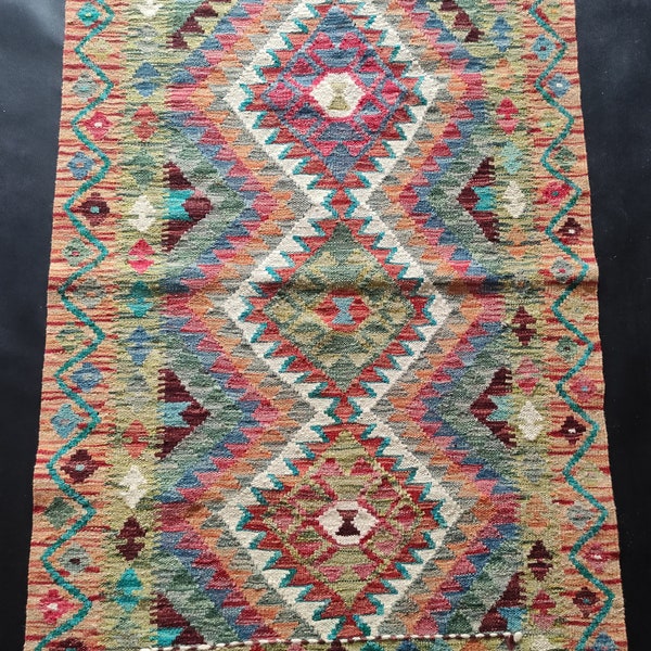 Kilim Rug Multicolour, Handmade Artisan Afghan Turkish Aztec Geometric Wool Kilim Rug 124x80 CM