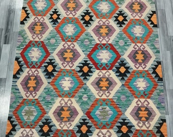 Handmade Afghan Kilim Rug, Artisan Multicolour Natural Wool Flatweave, Classic Geometric Design, 248x175 CM