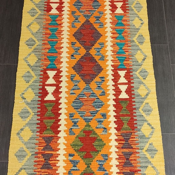 Kilim Runner, Handwoven Artisan Afghan Turkish Wool Kilim Runner Rug 197x81 CM