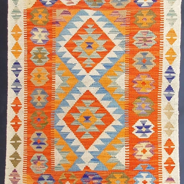 Classic Kilim Rug, Handwoven Artisan Afghan Turkish Aztec Natural Wool Kilim Rug 114x77 CM