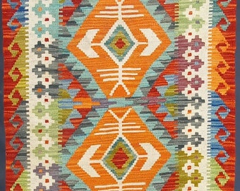 Tappeto Kilim tribale, Tappeto Kilim fatto a mano in lana naturale azteca turca afgana 125x81 CM