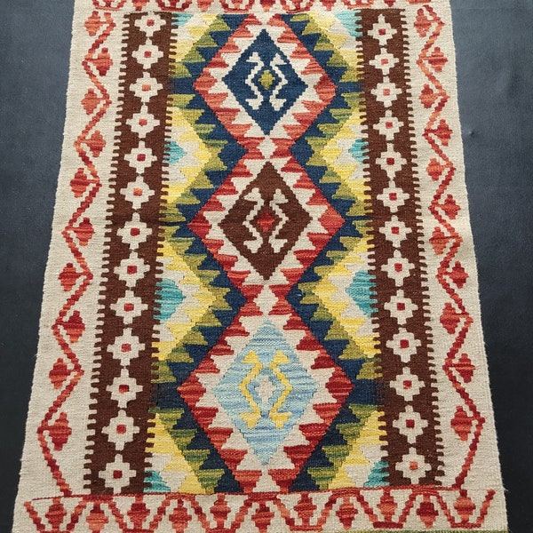 Kilim Rug Classic, Handmade Artisan Afghan Turkish Aztec Geometric Wool Kilim Rug 115x78 CM