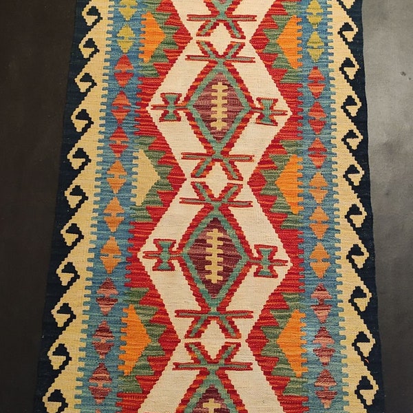 Heritage Runner Rug, Handmade Artisan Afghan Turkish Aztec Natural Wool Kilim Runner Rug 248x81 CM