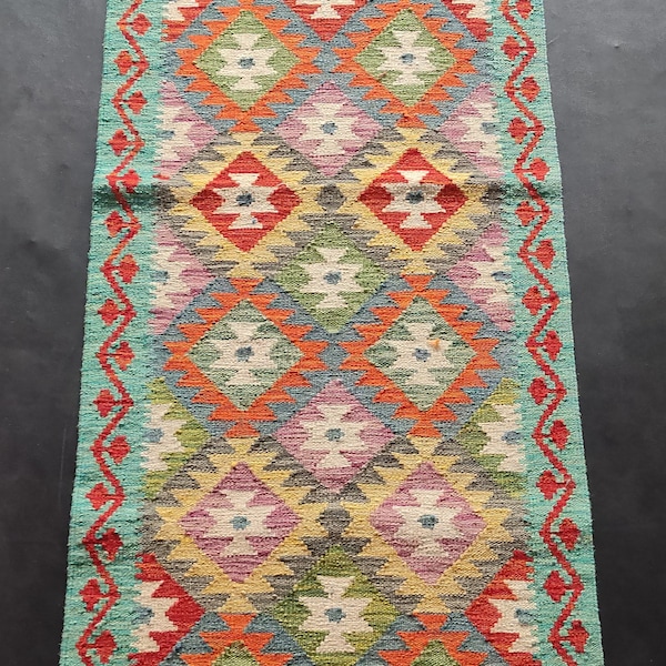 Kilim Runner Classic, Handmade Artisan Afghan Turkish Aztec Natural Wool Kilim Runner Rug 193x65 CM