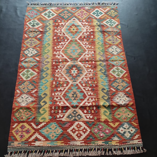 Kilim Rug Classic, Handmade Artisan Afghan Turkish Aztec Geometric Wool Kilim Rug 178x120 CM