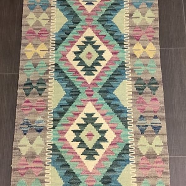 Handmade Wool Kilim Runner Rug, Afghan Turkish Nomad Kilim Rug 202x65 CM