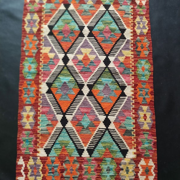 Kilim Rug Multicolour, Handmade Artisan Afghan Turkish Aztec Geometric Wool Kilim Rug 132x81 CM