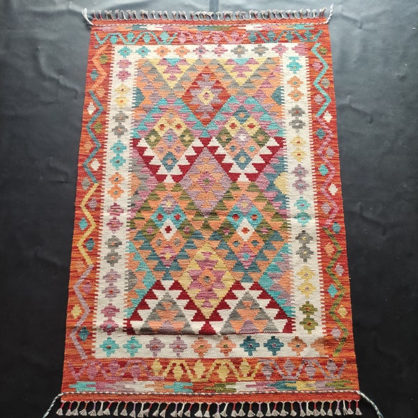 Kilim Rug Classic, Handmade Artisan Afghan Turkish Aztec Geometric Wool Kilim Rug 156x104 CM