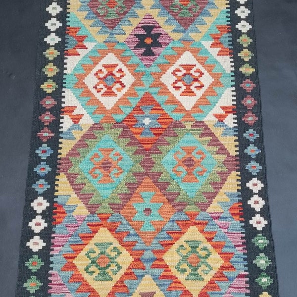 Kilim Runner, Handmade Artisan Afghan Turkish Aztec Reversible Natural Wool Kilim Runner Rug 225x82 CM