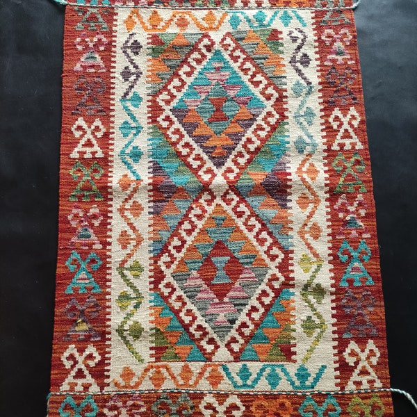 Kilim Rug Tribal, Handmade Artisan Afghan Turkish Aztec Geometric Wool Kilim Rug 130x79 CM