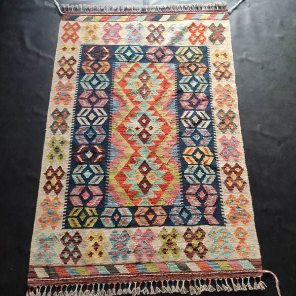 Kilim Rug Multicolour, Handmade Artisan Afghan Turkish Aztec Geometric Wool Kilim Rug 153x107 CM