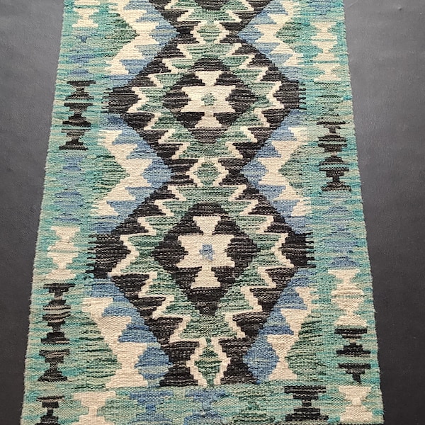 Kilim Runner Turquoise, Handmade Artisan Afghan Turkish Aztec Natural Wool Kilim Runner Rug 200x53 CM