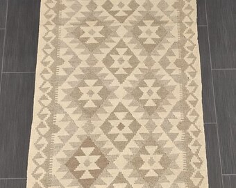 Afghan Kilim Rug, Handmade Artisan Natural Wool Flatweave, Classic Undyed Grey Wool Design, size 288x77 CM