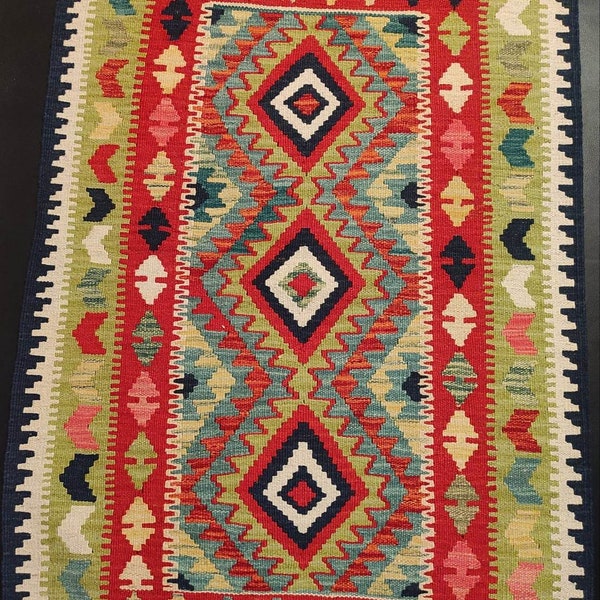 Kilim Rug Vintage, Handwoven Artisan Afghan Turkish Aztec Natural Wool Kilim Rug 121x81 CM