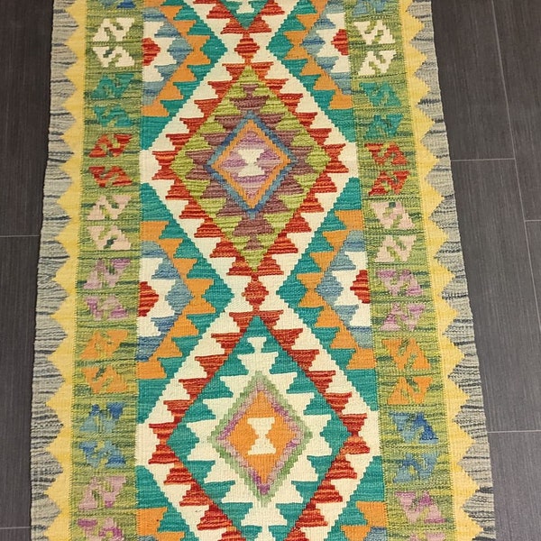 Kilim Runner, Handmade Artisan Afghan Turkish Wool Kilim Runner Rug 197x73 CM