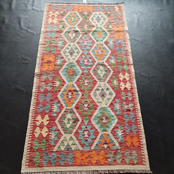 Kilim Rug Classic, Handmade Artisan Afghan Turkish Aztec Geometric Wool Kilim Rug 195x102 CM