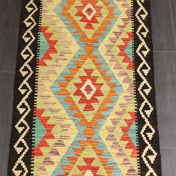 Kilim Runner Vintage, Handmade Artisan Afghan Turkish Aztec Wool Kilim Runner Rug 208x69 CM