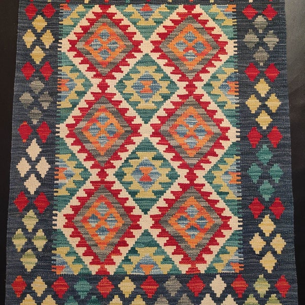 Kilim Rug Vintage, Handwoven Artisan Afghan Turkish Aztec Sheep Wool Kilim Rug 120x82 CM