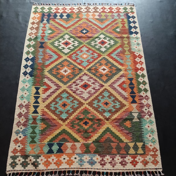 Kilim Rug Classic, Handmade Artisan Afghan Turkish Aztec Geometric Wool Kilim Rug 186x125 CM
