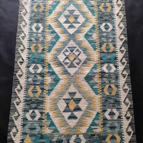 Kilim Rug Turquoise, Handmade Artisan Afghan Turkish Aztec Sheep Natural Wool Kilim Rug 126 x 81 CM