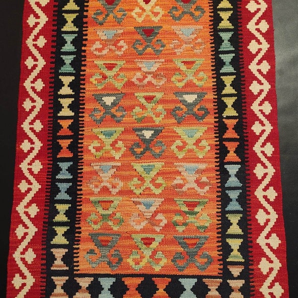 Tribal Kilim Rug, Handmade Afghan Turkish Aztec Natural Wool Area Kilim Rug 123x78 CM