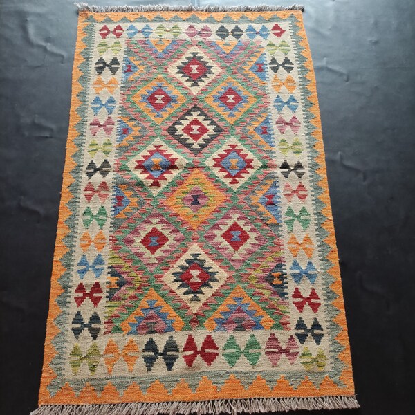 Kilim Rug Classic, Handmade Artisan Afghan Turkish Aztec Geometric Wool Kilim Rug 166x105 CM