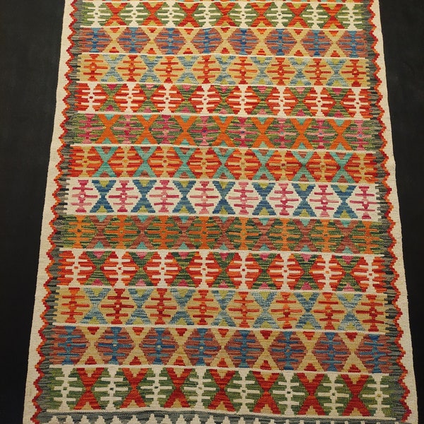 Kilim Rug Classic, Handwoven Artisan Afghan Turkish Aztec Reversible Natural Wool Kilim Rug 181x127 CM
