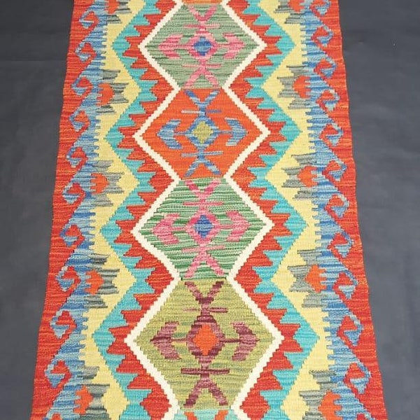 Tribal Runner Rug, Handmade Artisan Afghan Turkish Aztec Natural Wool Kilim Runner Rug 201x74 CM