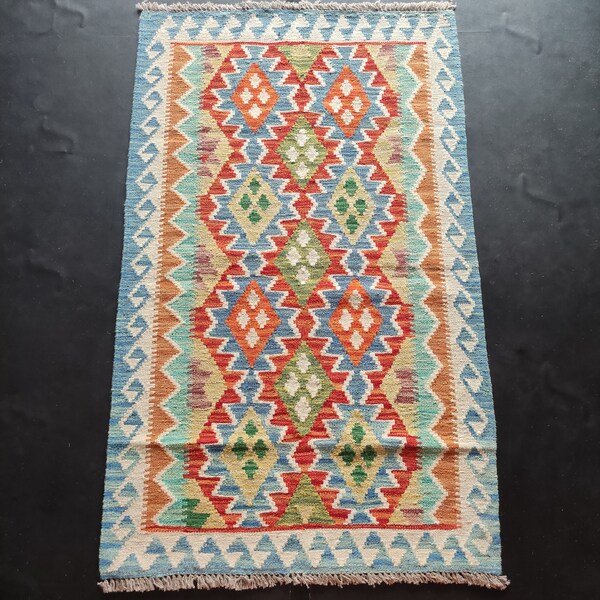 Kilim Rug Classic, Handmade Artisan Afghan Turkish Aztec Geometric Wool Kilim Rug 143x88 CM