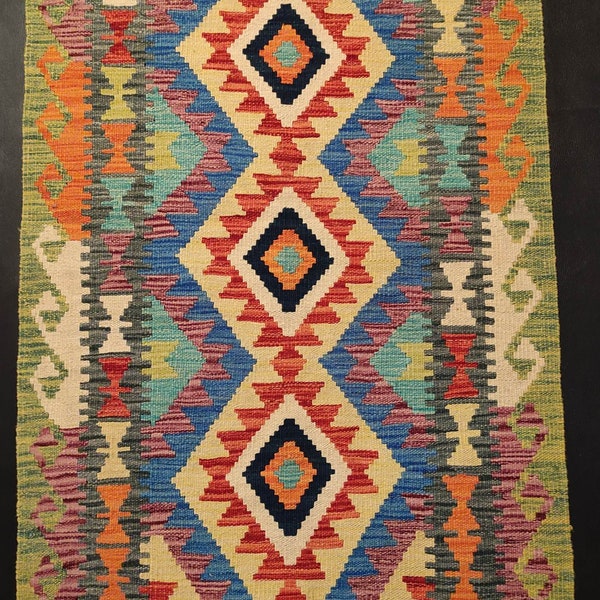 Multicolour Kilim Rug, Handwoven Artisan Afghan Turkish Aztec Natural Wool Kilim Rug 127x82 CM