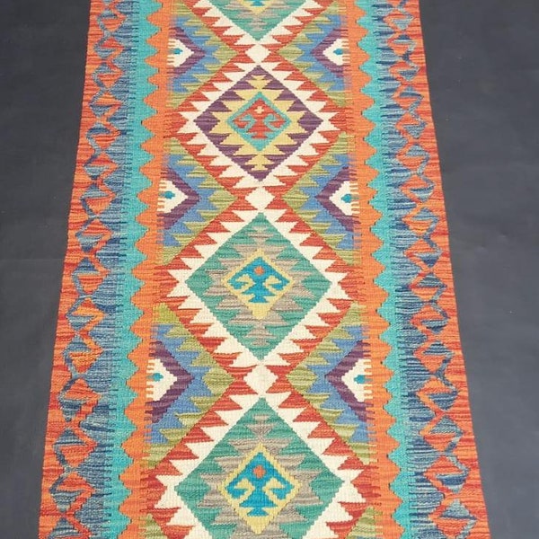 Kilim Runner Rug, Handmade Artisan Afghan Turkish Aztec Natural Wool Kilim Runner Rug 232x75 CM